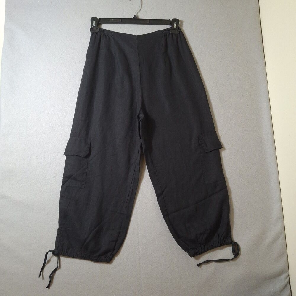 Liz And Jane 100% Linen Utility Cargo Pants M Ankle Tie Balloon Parachute Boho